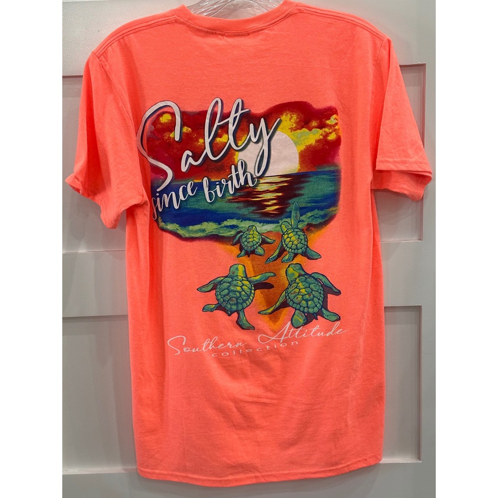 Southern Attitude Salty Since Birth Sea Turtle Neon Coral T-Shirt Medium
